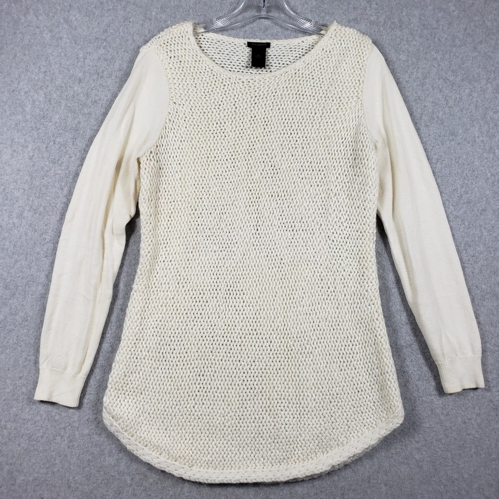 Ann Taylor Mixed Media Tunic Sweater M Ivory Chunky Knit Wool Blend Pullover EUC